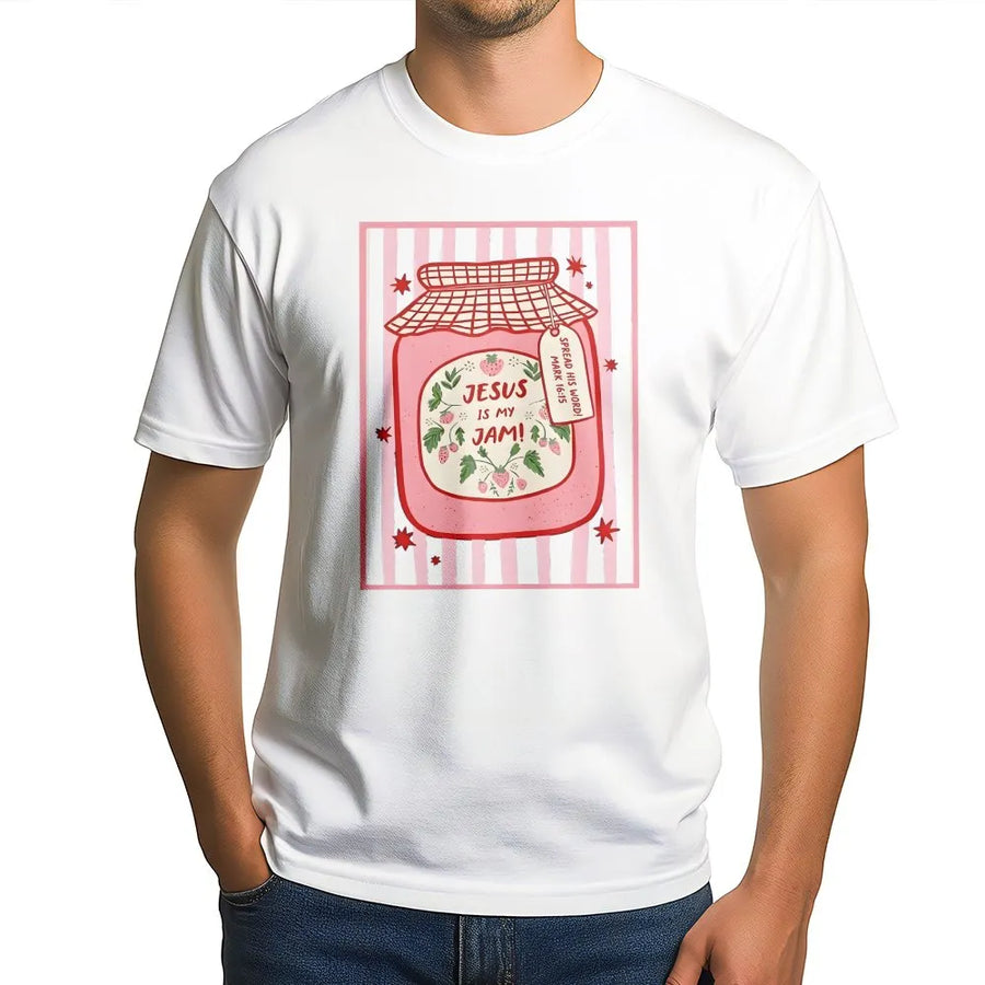 Jesus Is My Jam T-Shirt | Cute Strawberry Jam Jar Graphic | Soft Cotton Blend Pullover | Faith Based Gift for Christian Women
