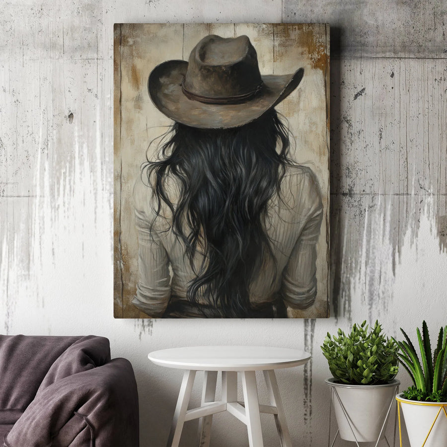 Rustic Cowgirl Canvas Wall Art | Western Portrait With Cowboy Hat | Gallery Quality Premium Print | Home Decor Gift for Cowgirl Lovers