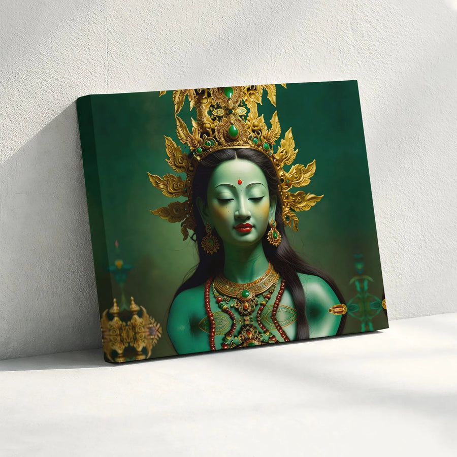 Green Tara Canvas Print | Meditating Bodhisattva Wall Art | Premium Gallery-Wrapped 1.25" Profile | Spiritual Home Decor & Meditation Gift