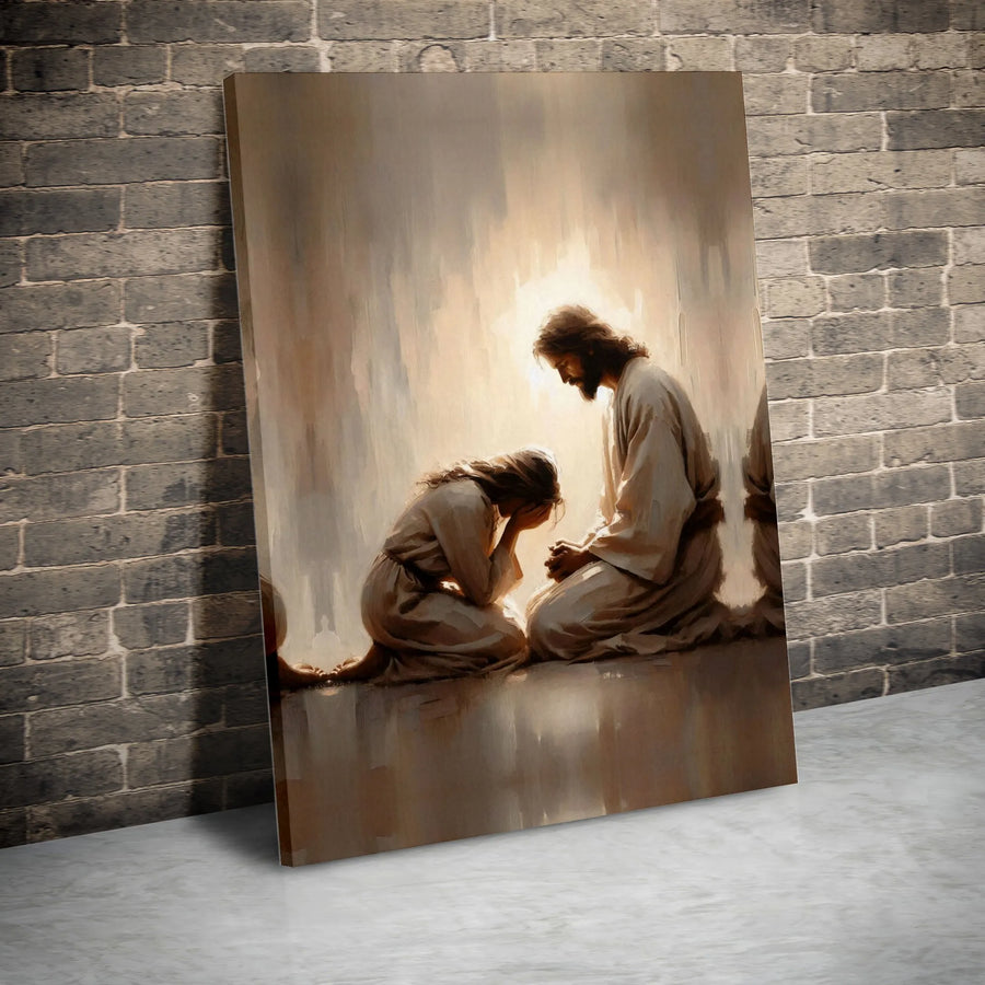 Jesus Comforting Kneeling Woman Canvas Art | Religious Christian Wall Decor | Gallery-Wrapped Premium Print | Spiritual Home Gift