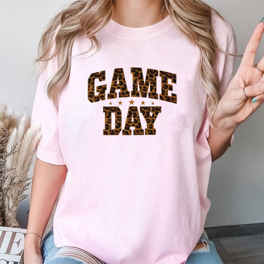 Game Day T-Shirt | Leopard Print Varsity Letter Graphic | 100% Cotton Premium Comfort | Cute Football Outfit Gift for Her