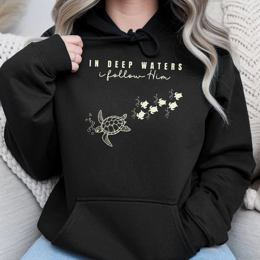 Coastal Christian Turtle Hoodie | 'In Deep Waters' Scripture Quote | Premium Cotton Blend | Faith Based Beach Gift for Women