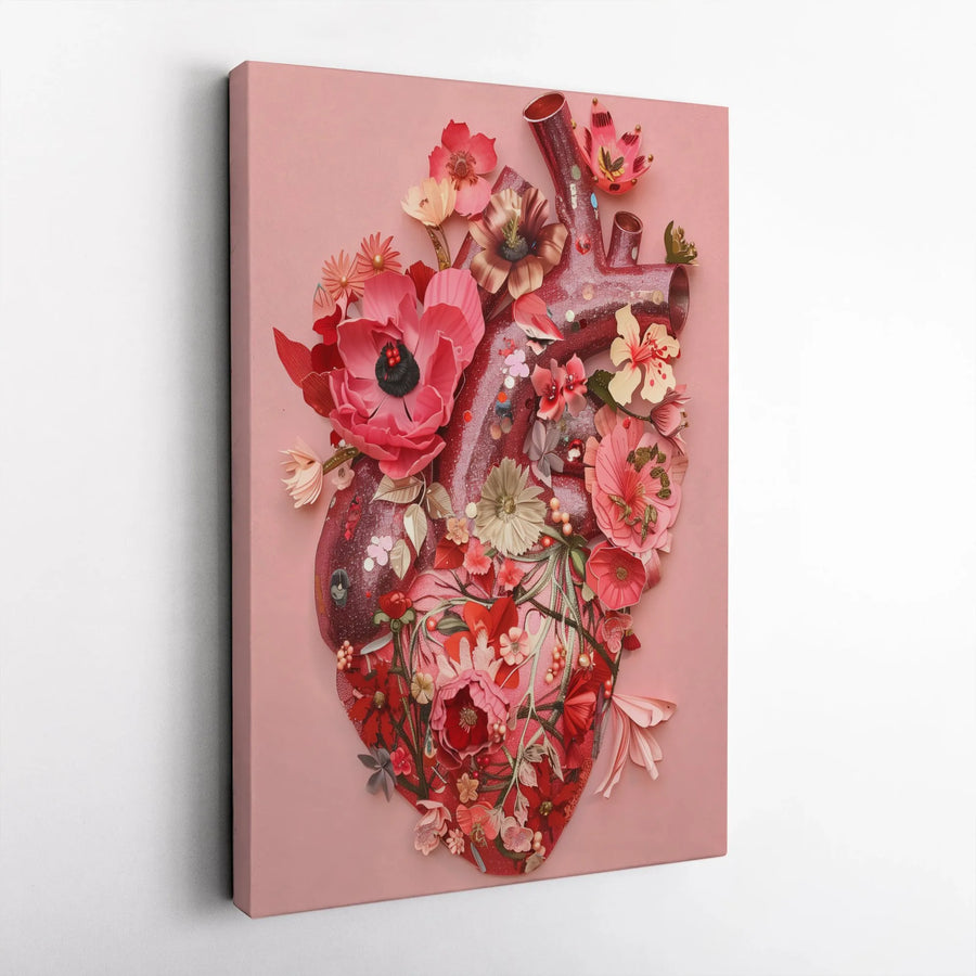 Anatomical Heart Wall Art | Floral Papercraft Heart Print | Premium Gallery Wrapped Canvas | Botanical Aesthetic Decor for Home Gift