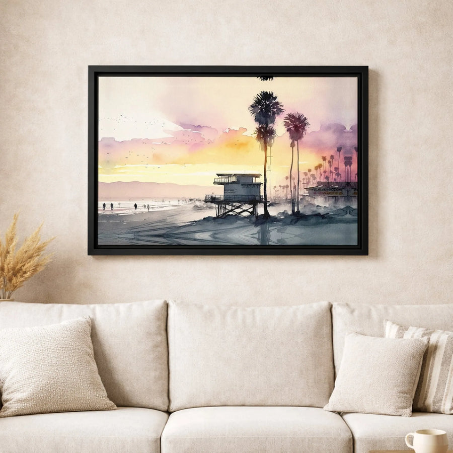 Beach Sunset Canvas Wall Art | Watercolor Palm Tree Lifeguard Tower Print | 1.25-inch Premium Gallery Wrap | Coastal Home Decor Gift for Beach Lovers