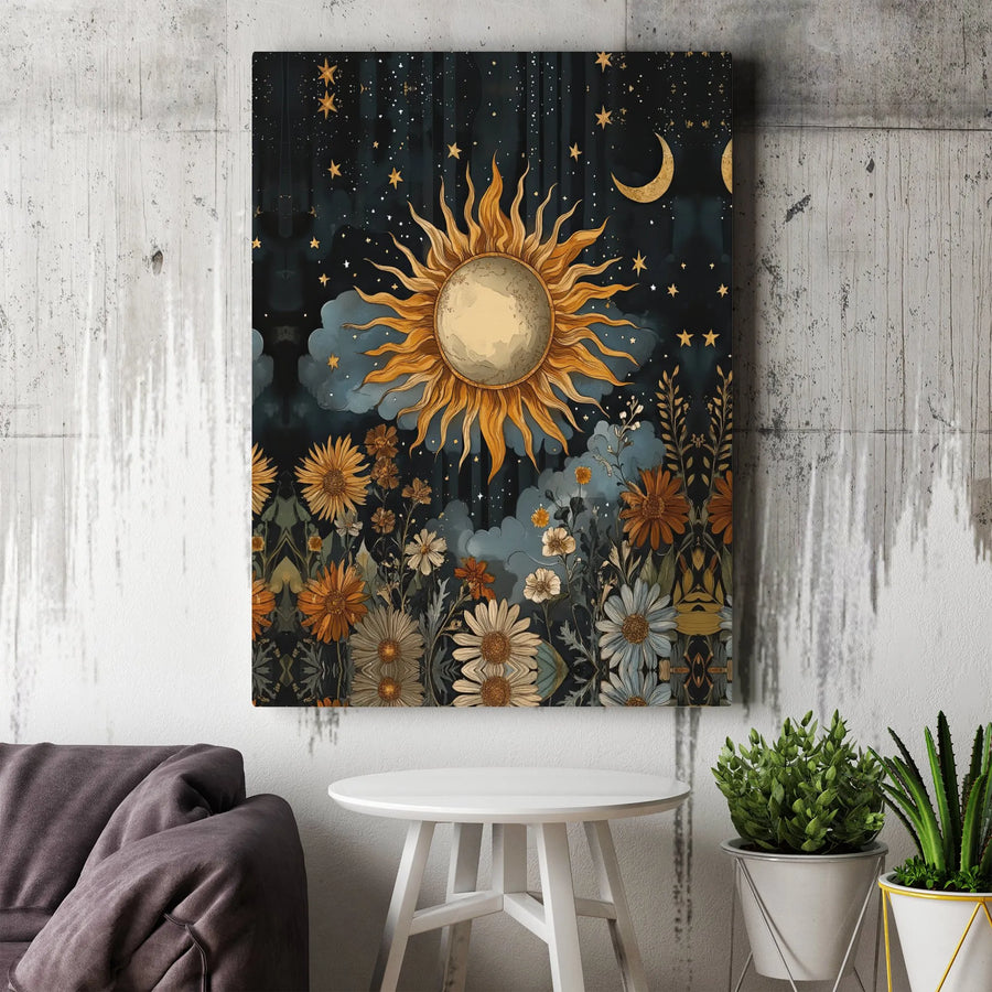 Bohemian Sun and Moon Canvas Wall Art | Celestial Wildflower Garden Print | Premium Gallery-Wrapped Decor | Whimsical Nature Lover Gift