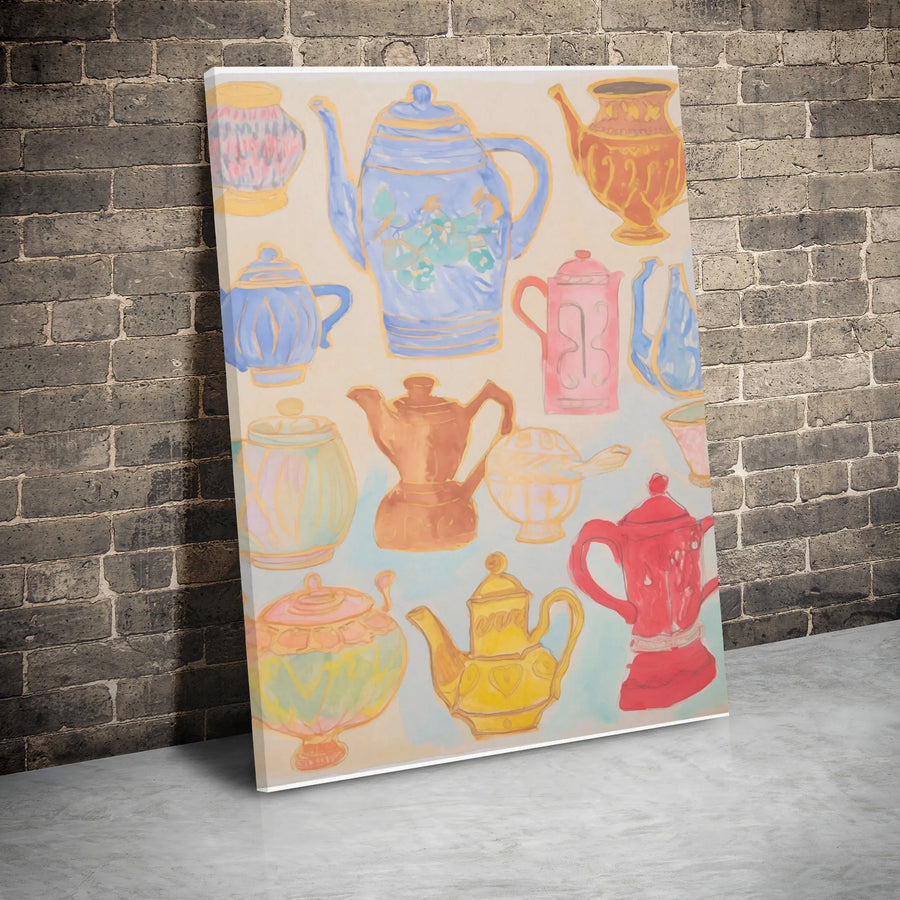 Teapot Wall Art Canvas | Colorful Watercolor Coffee Pot Illustration | Gallery Wrapped Premium Print | Kitchen Decor For Tea Lovers