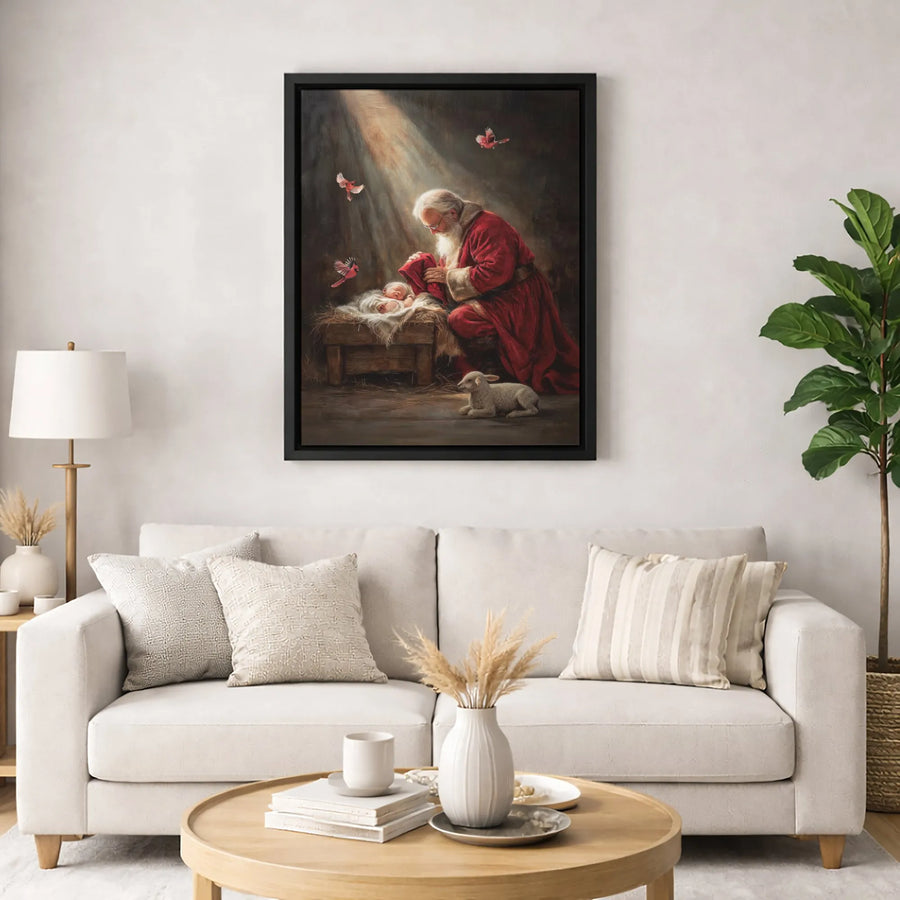 Santa Adoring Baby Jesus Canvas Print | Nativity Scene with Cardinals & Lamb | Premium Gallery-Wrapped Wall Art | Religious Christmas Home Decor Gift