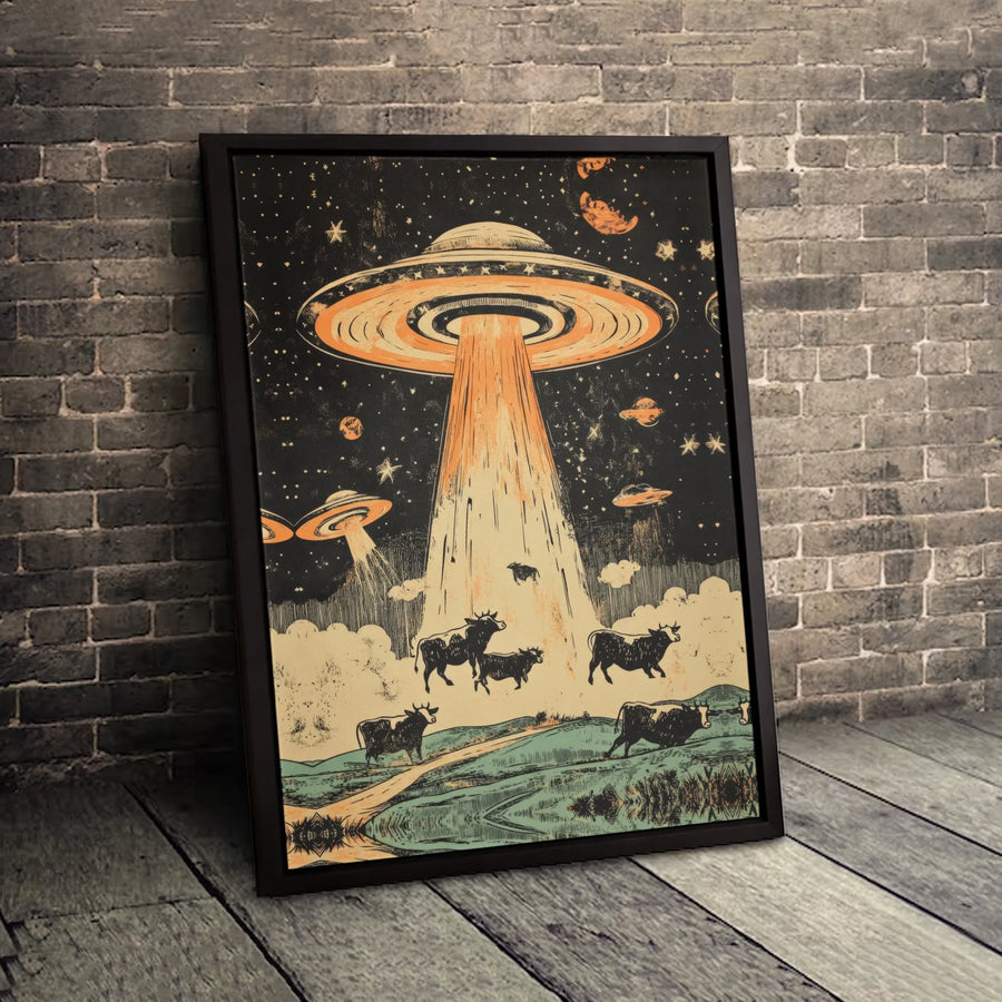 UFO Alien Abduction Canvas Art | Vintage Cow Sci-Fi Wall Decor | 1.25-Inch Premium Gallery Wrap | Unique Space Enthusiast Gift