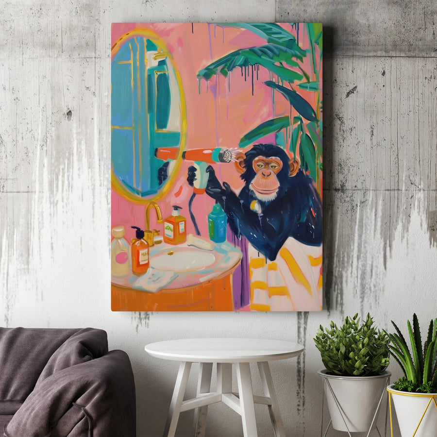 Chimpanzee Bathroom Canvas Wall Art | Whimsical Monkey Blow Drying Hair Print | 1.25 Inch Gallery Wrap | Pop Art Animal Home Decor Gift