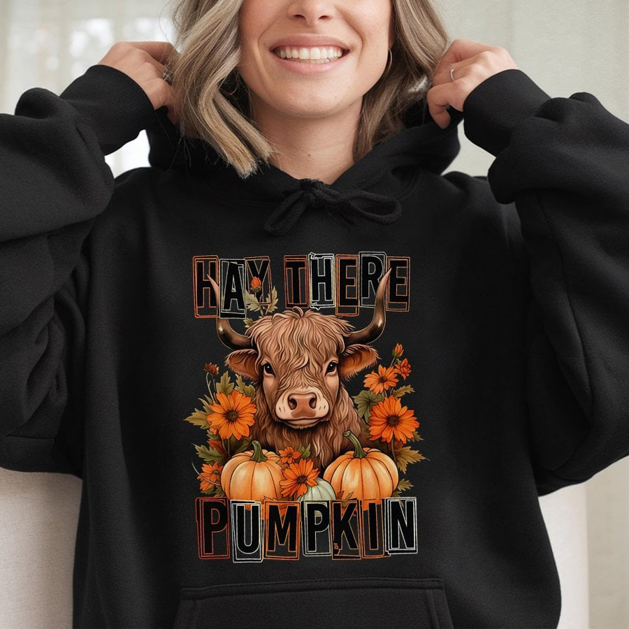 Hay There Pumpkin Hoodie | Highland Cow Fall Graphic | Cotton-Blend Premium Quality | Cozy Autumn Thanksgiving Gift For Her