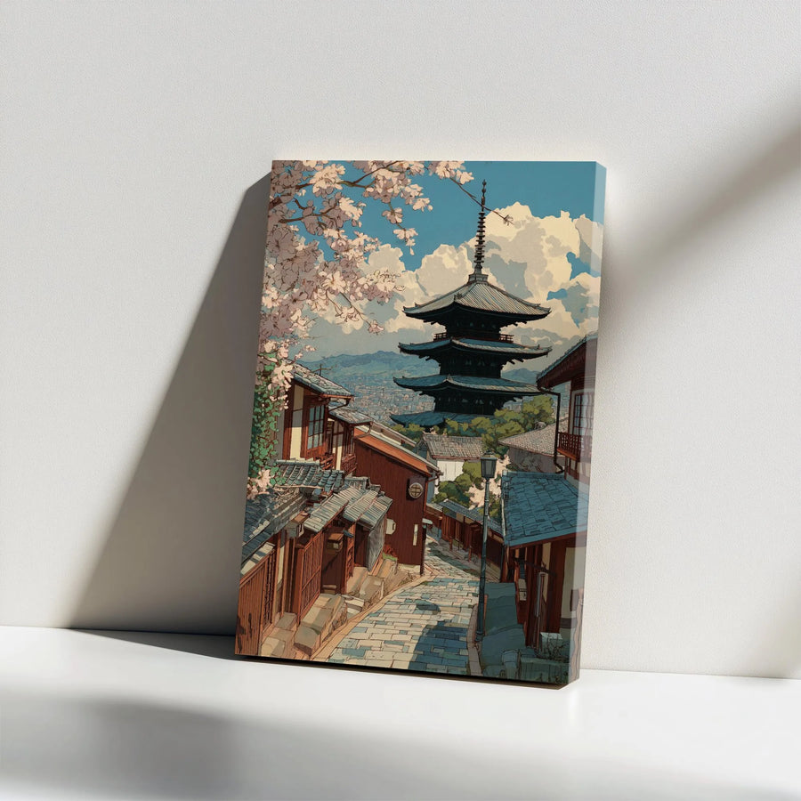 Japanese Temple Vertical Canvas | Anime Style Kyoto Pagoda & Sakura Art | Premium 1.25" Thick Gallery Wrap | Collector's Gift for Japan Lover