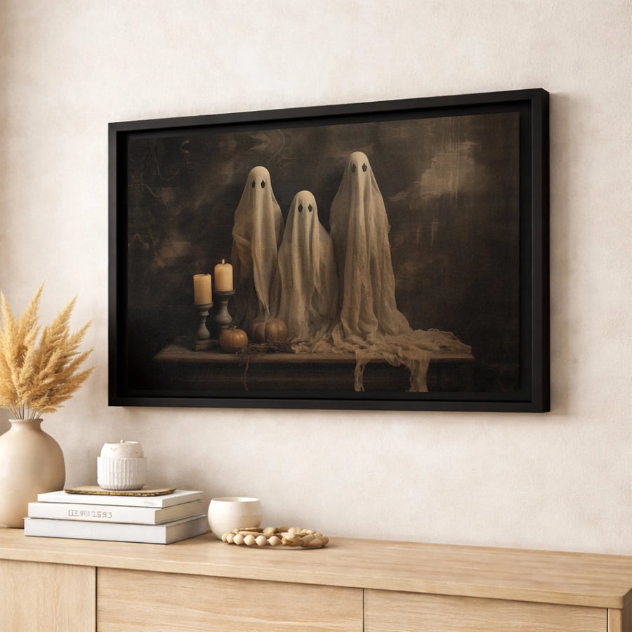 Spooky Ghost Canvas Wall Art | Vintage Halloween Aesthetic with Pumpkins and Candles | Gallery-Wrapped Premium Print | Spooky Home Decor Gift