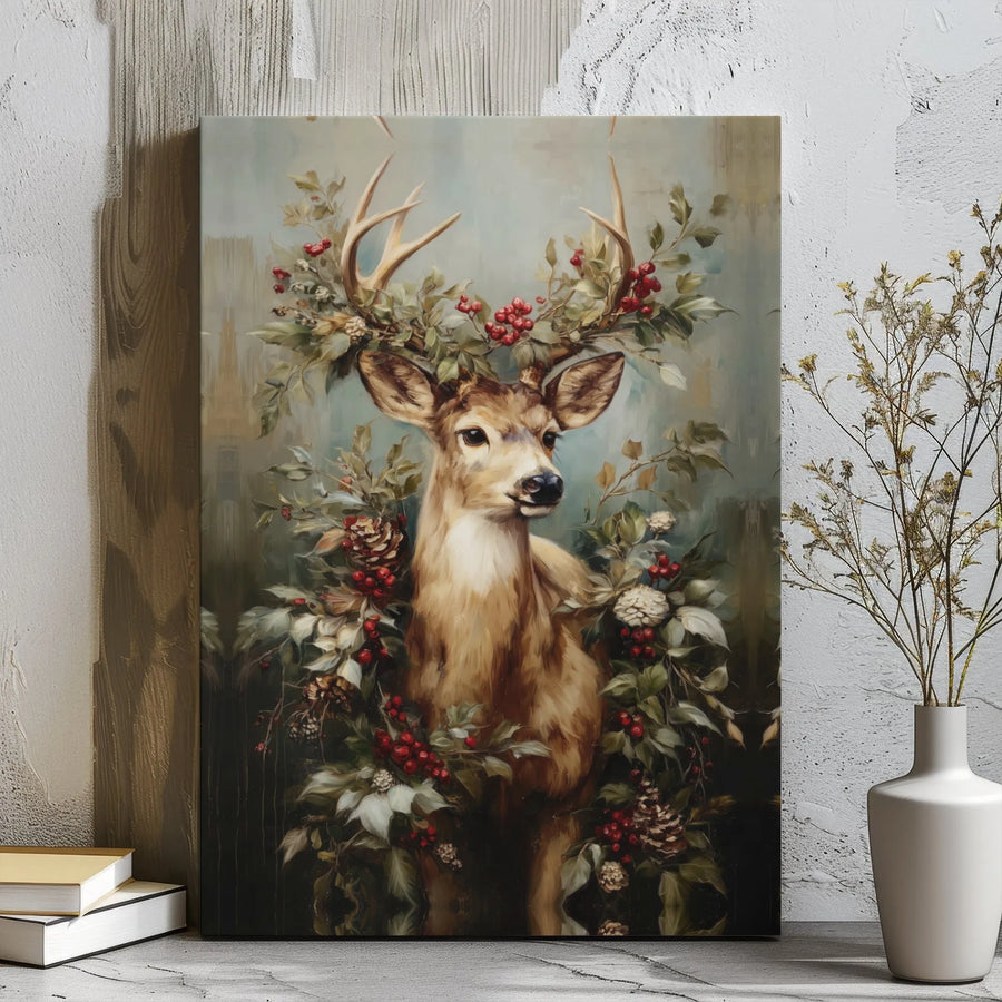 Majestic Deer Canvas Wall Art | Christmas Holiday Holly & Pinecone Decor | Gallery Wrapped Premium Canvas | Winter Rustic Farmhouse Home Gift