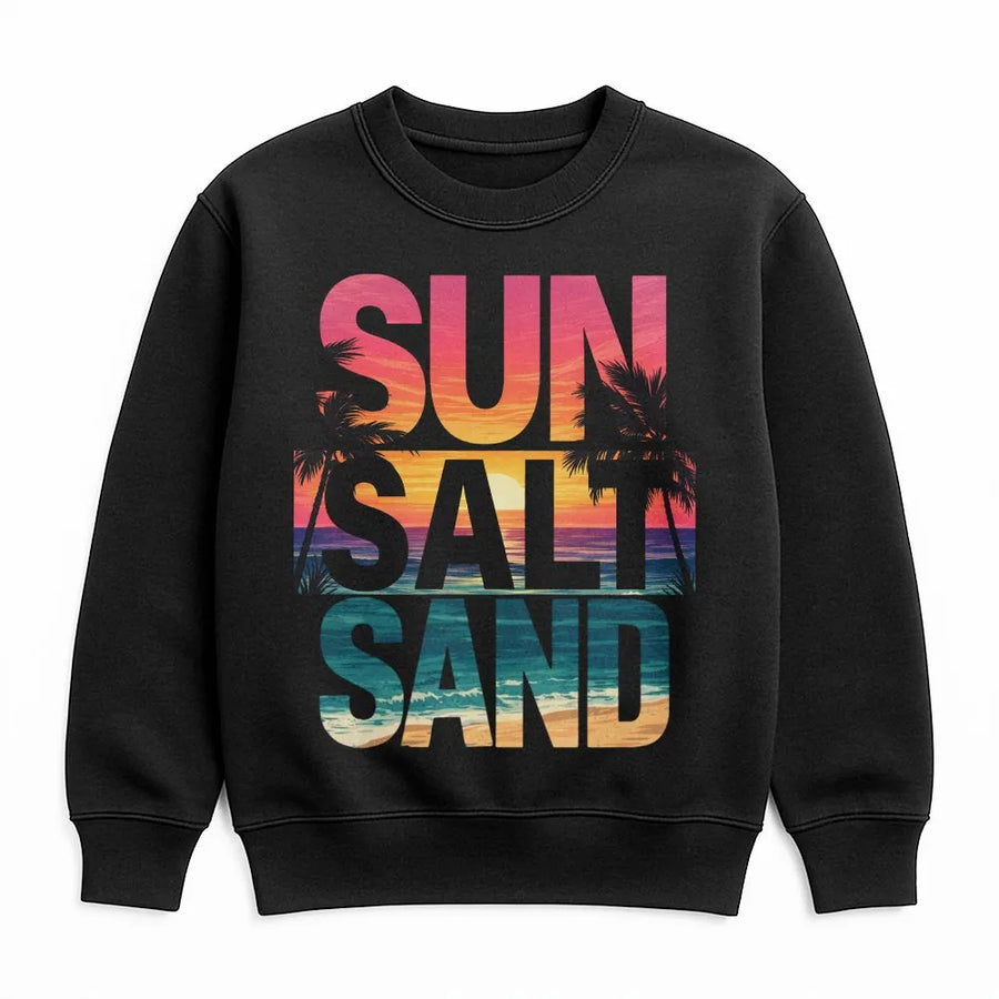 Sun Salt Sand Sweatshirt | Retro Sunset Beach Graphic Design | Soft Cotton Blend Crewneck | Trendy Summer Vacation Gift For Women And Men