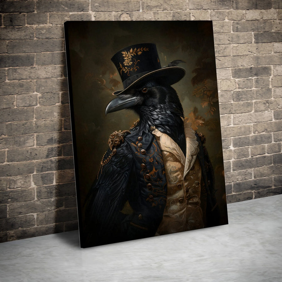 Victorian Crow Canvas Art | Dapper Raven Gentleman in Top Hat | Premium Gallery Wrap Wall Decor | Dark Academia Gothic Home Office Gift