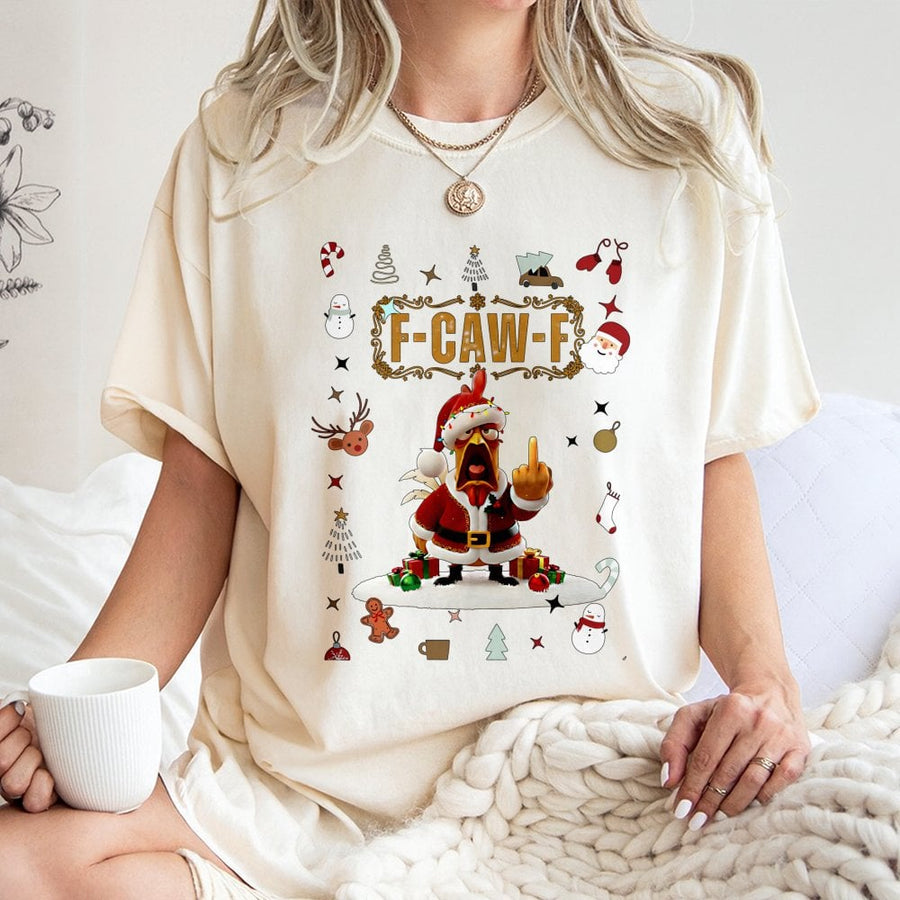 F-Caw-F Christmas T-Shirt | Funny Santa Chicken Graphic | 100% Cotton Premium Tee | Sarcastic Holiday Gift for Men and Women
