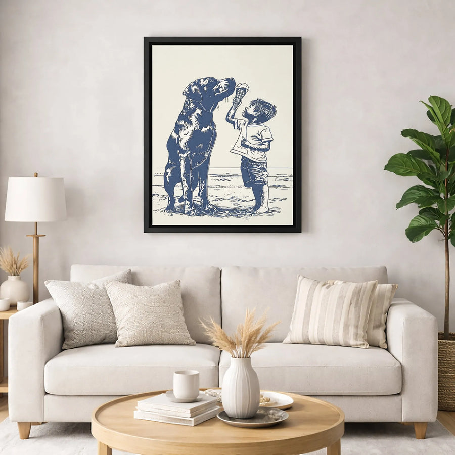 Boy Sharing Ice Cream With Labrador Canvas Print | Vintage Dog Illustration Wall Art | 1.25-Inch Premium Gallery Wrap | Nostalgic Home Decor Gift