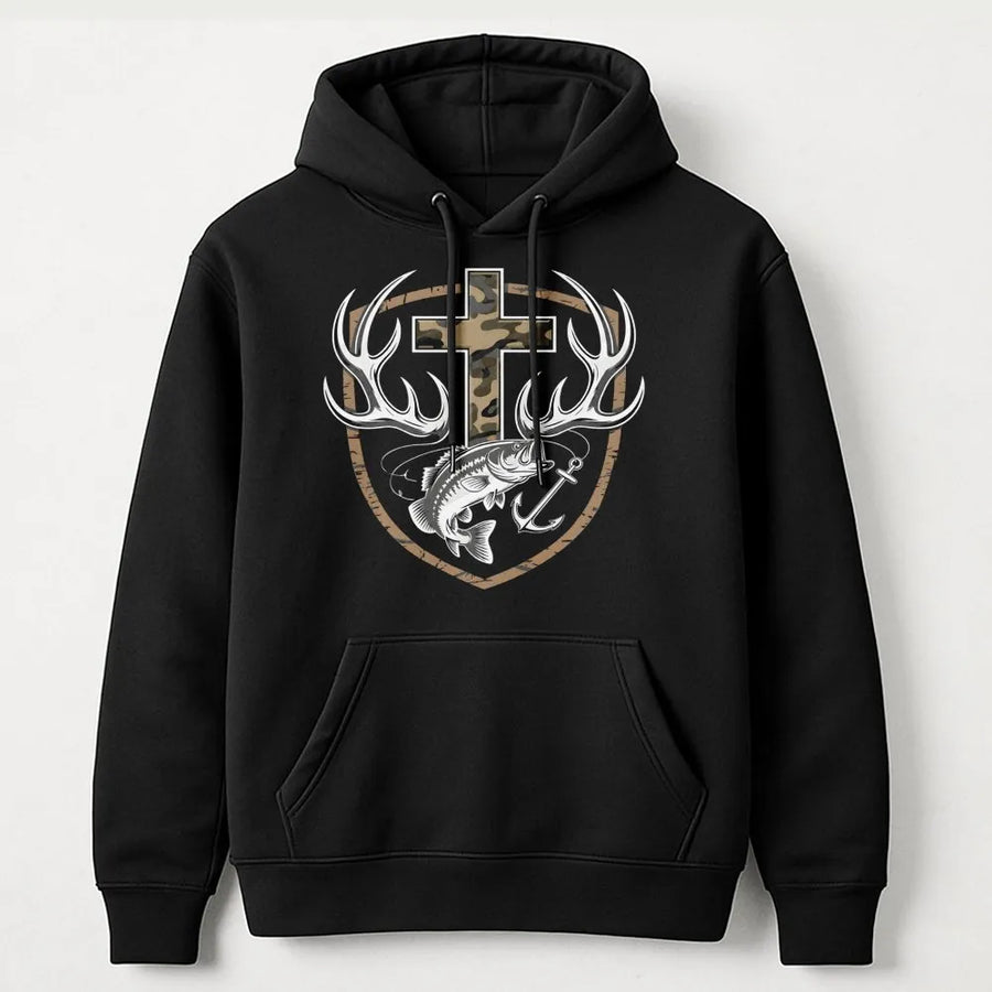 Christian Faith Hunting Fishing Hoodie | Camo Cross Antler Bass Graphic | Premium Cotton Blend | Religious Outdoorsman Gift for Men and Women