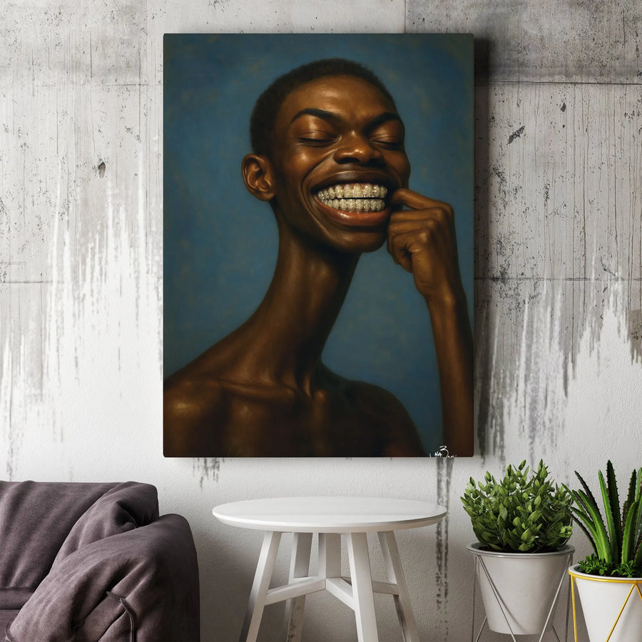 Smiling Black Man Canvas Art | Diamond Grillz Portrait Print | Premium Gallery Wrap Wall Decor | Modern Urban Home Interior Gift