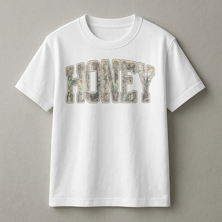 Honey Camo T-Shirt | Retro Western Graphic Pullover | Soft Cotton Blend | Unique Country Girl Gift, Southern Apparel