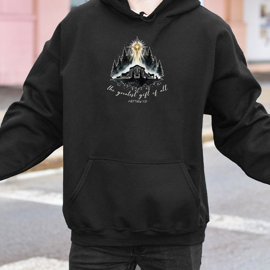 Nativity Scene Hoodie | The Greatest Gift Of All Matthew 1:21 | Premium Cotton Blend | Religious Christian Christmas Gift For Him Her