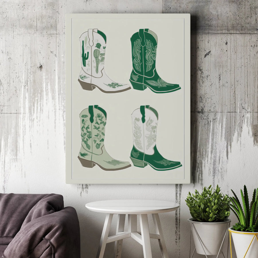 Western Cowboy Boots Canvas Print | Sage Green Cactus Boho Wall Art | Premium Gallery Wrapped Decor | Southwestern Farmhouse Home Gift