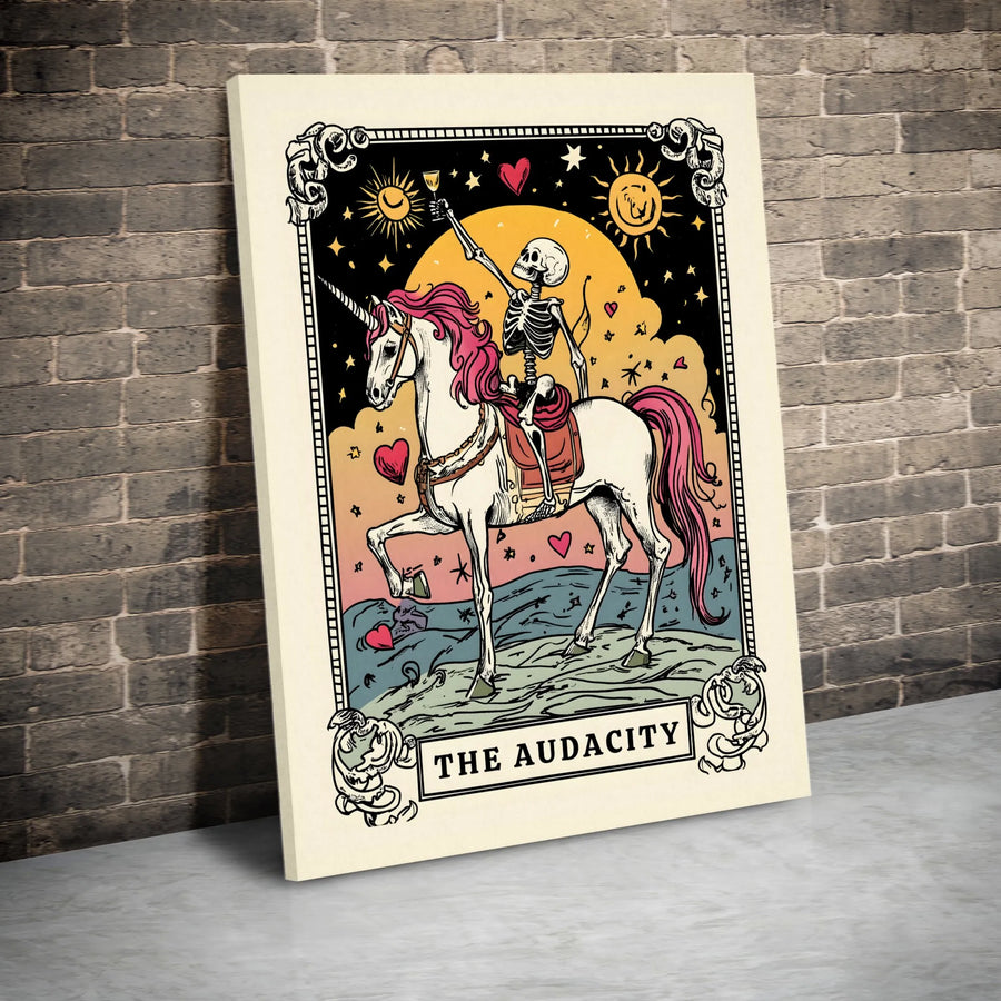 The Audacity Tarot Card Canvas | Skeleton Riding Unicorn Wall Art | Premium Fade-Resistant Gallery Wrap | Whimsical Gothic Home Decor Gift