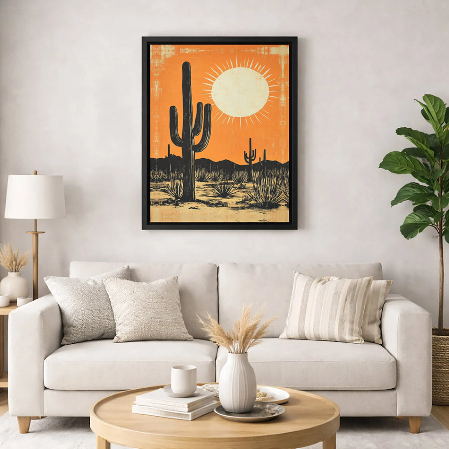 Desert Saguaro Cactus Canvas Wall Art | Mid Century Modern Sun Landscape | Premium Fade-Resistant Print | Southwestern Home Decor Gift