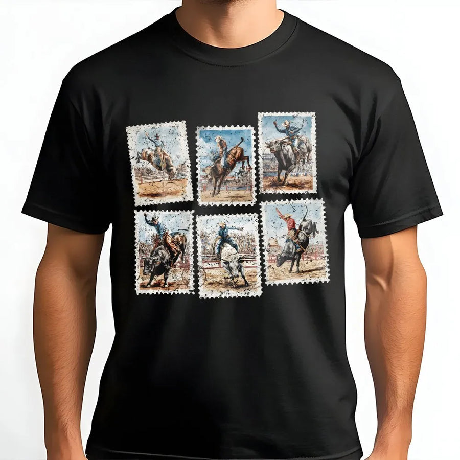 Rodeo Graphic T-Shirt | Vintage Bucking Bull Stamp Collage | Premium Cotton Crewneck | Western Wear for Cowboy Enthusiasts