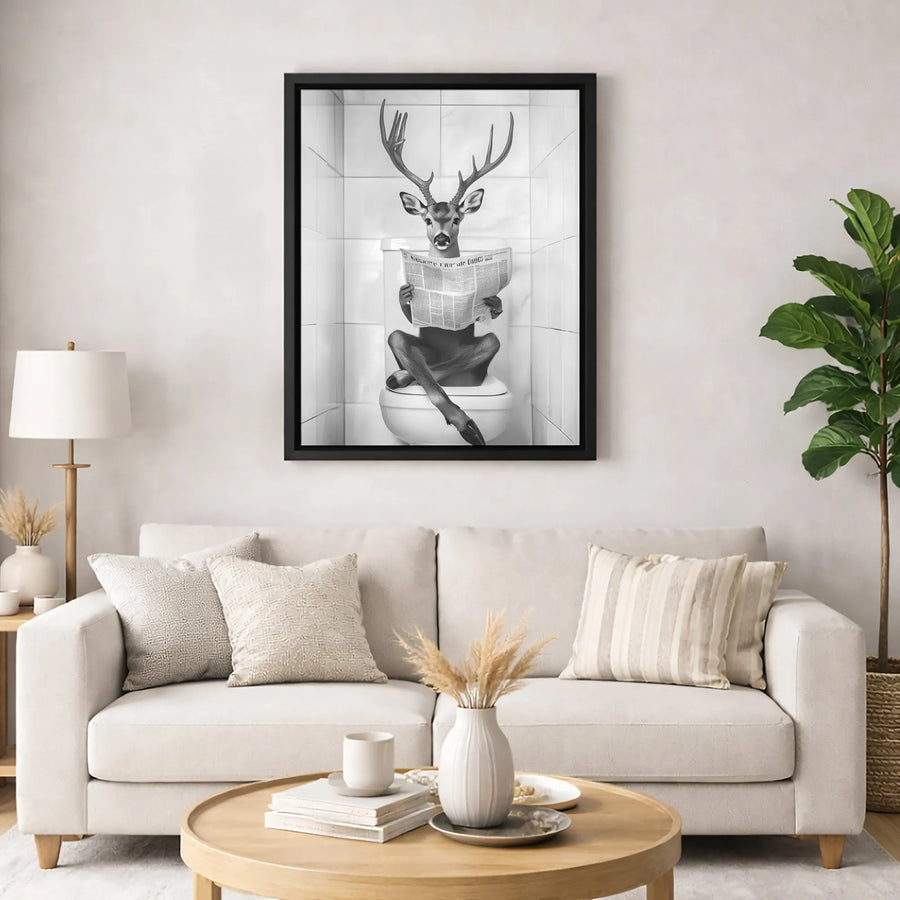 Deer On Toilet Reading Newspaper | Funny Bathroom Wall Art | Premium Gallery Canvas | Humorous Home Decor Gift