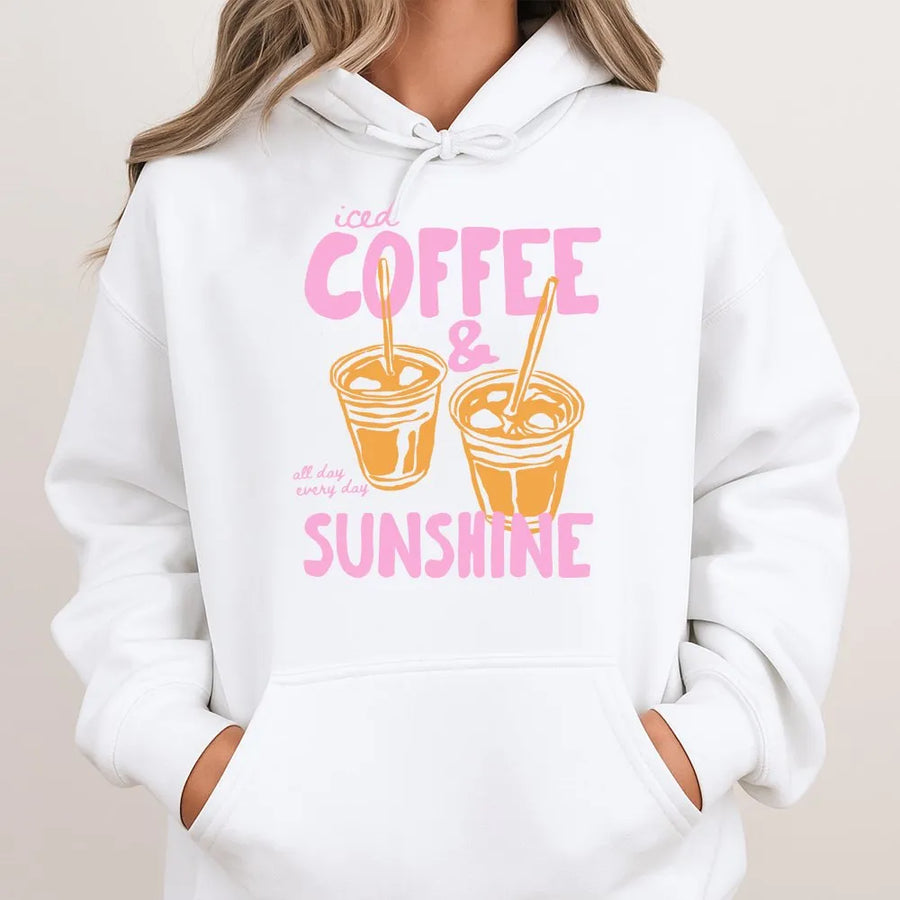 Iced Coffee And Sunshine Hoodie | Trendy Aesthetic Coffee Graphic | Premium Soft Blend Pullover | Perfect Gift For Coffee Lovers