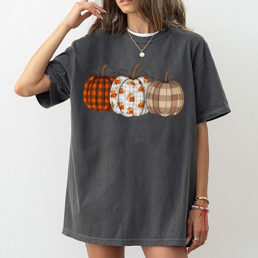 Fall Pumpkin Trio T-Shirt | Plaid & Floral Autumn Graphic Tee | Premium 100% Cotton | Thanksgiving Gift for Women & Girls