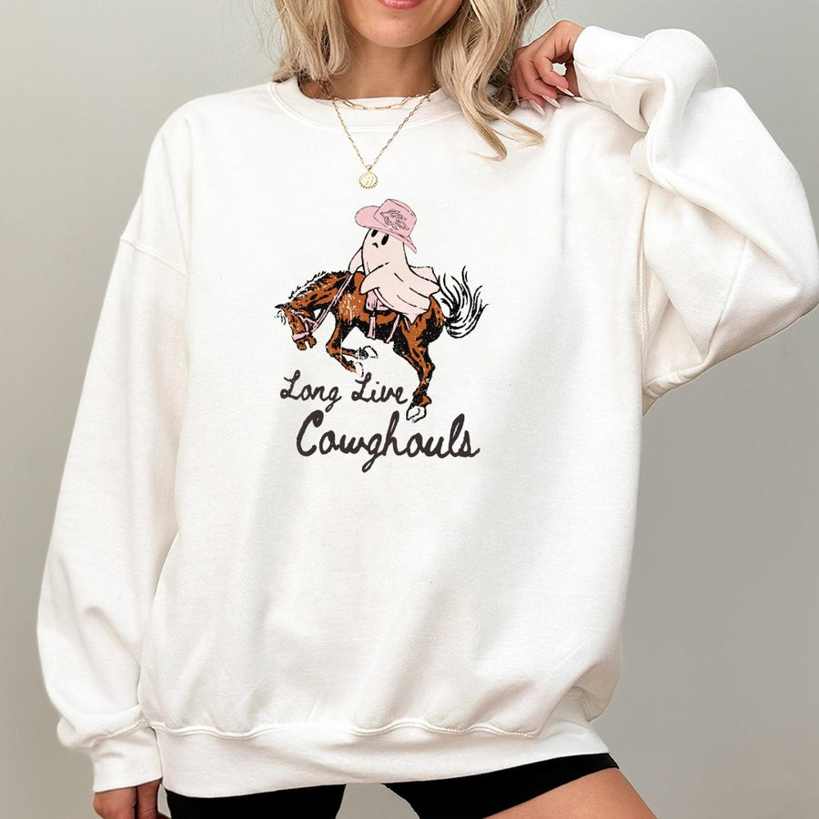 Long Live Cowghouls Sweatshirt | Western Ghost Cowboy Graphic | Soft Cotton Blend Fall Apparel | Cute Halloween Gift For Women And Cowgirl Fans