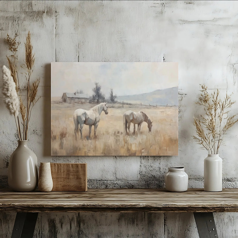 Horse Landscape Canvas Wall Art | Rustic Farmhouse Meadow Scene | Premium Gallery Wrap Print | Neutral Aesthetic Decor for Farmhouse Living Room