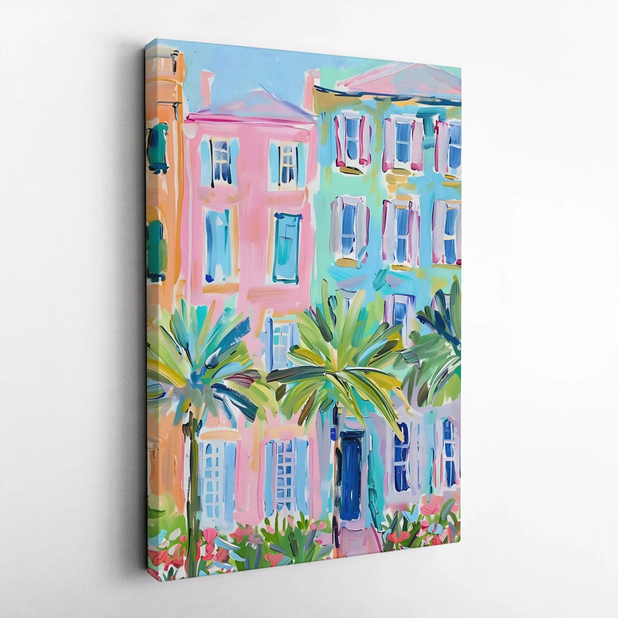 Charleston Rainbow Row Canvas Art | Colorful Tropical Palm Tree Painting | Premium 1.25 Inch Gallery Wrap | Coastal Wall Decor for Home