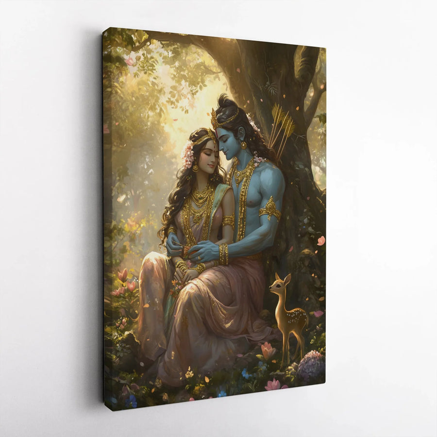 Rama and Sita Canvas Print | Hindu Mythology Forest Wall Art | Premium Gallery Wrapped Decor | Spiritual Home Gift for Meditation and Puja Room