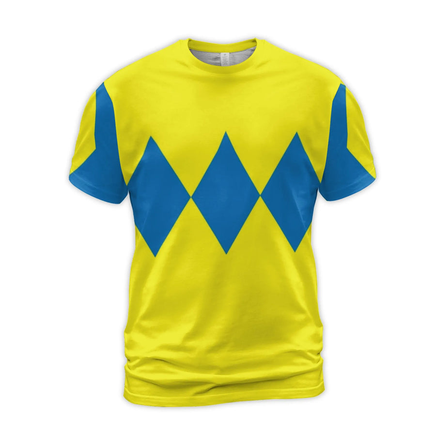 Horse Racing Jockey Silks T-Shirt | Yellow & Blue Diamond Pattern | Premium All Over Print Fabric | Gift for Equestrian Fan