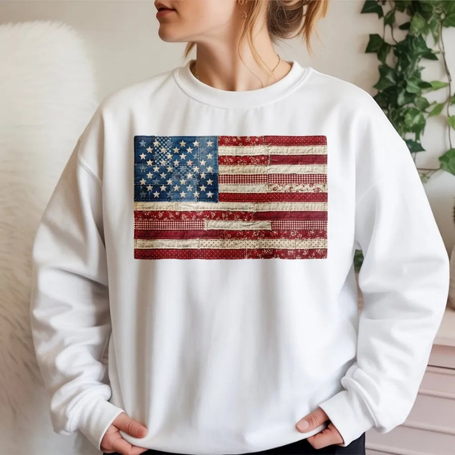 American Flag Sweatshirt | Vintage Patchwork Quilt Graphic Sweatshirt | Soft Cotton Blend | Patriotic 4th of July Gift