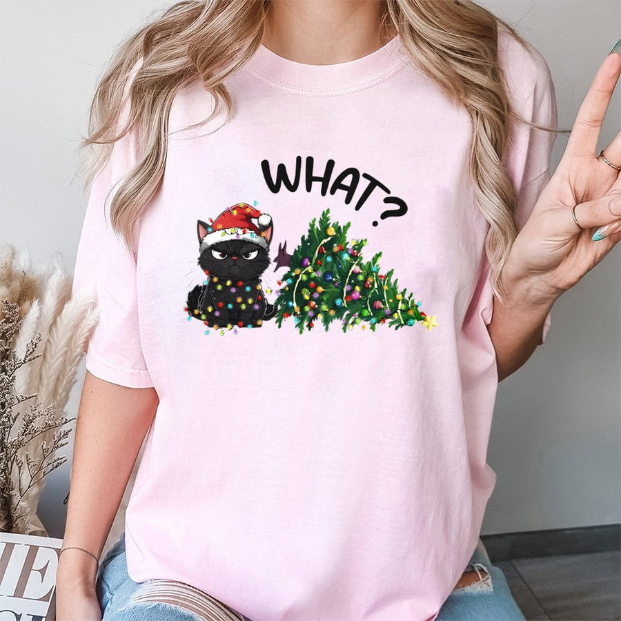 Grumpy Black Cat T-Shirt | Funny Holiday Christmas Lights Design | 100% Cotton Premium Tee | Unique Cat Mom Gift & Holiday Party Apparel