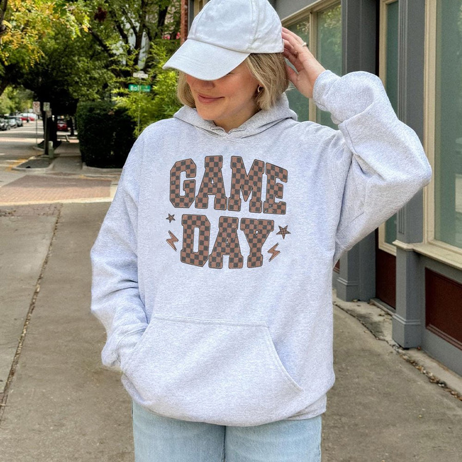 Game Day Hoodie | Retro Checkered Football Graphic | Premium Cotton Blend | Trendy Sports Mom Gift For Fall