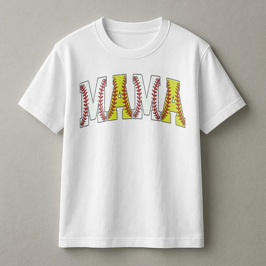 Softball Mama T-Shirt | Baseball and Softball Stitch Lettering | Cozy Cotton Blend Pullover | Game Day Gift for Sports Mom