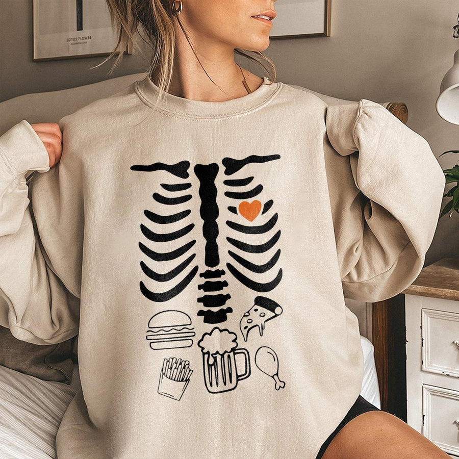 Skeleton Halloween Sweatshirt | Funny Foodie X-Ray Graphic | Cotton Blend Premium Crewneck | Dad Pregnancy Announcement Gift For Him