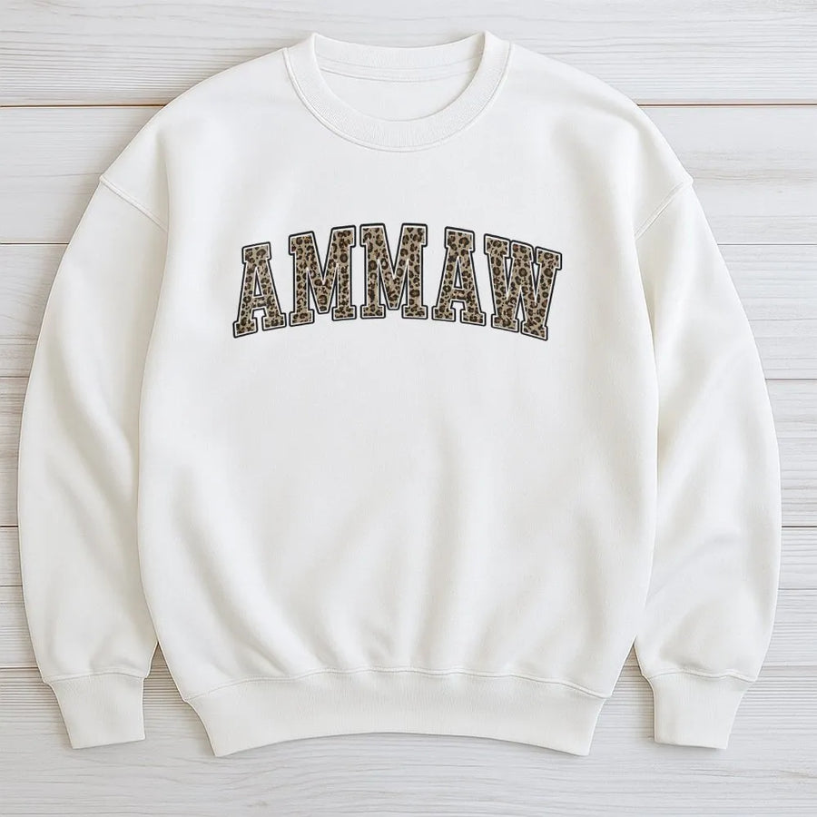 Ammaw Sweatshirt | Leopard Print Varsity Letters | Cozy Fleece Pullover | Mother's Day Gift for Grandma, Pregnancy Announcement