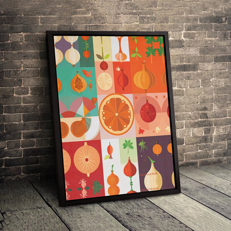 Modern Fruit And Vegetable Wall Art | Geometric Botanical Collage Print | Premium Gallery Wrapped Canvas | Kitchen And Dining Room Decor