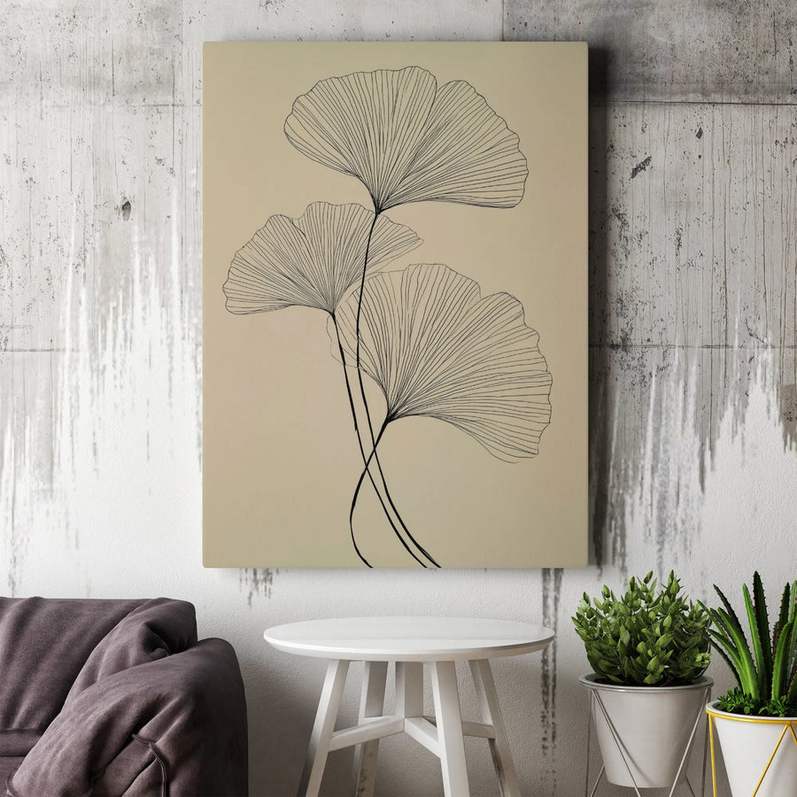 Ginkgo Leaf Canvas Wall Art | Minimalist Botanical Line Drawing | Premium Gallery Wrap Print | Modern Boho Home Decor For Living Room