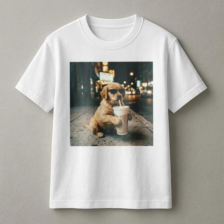 Golden Retriever Iced Coffee T-Shirt | Funny Puppy with Sunglasses Graphic | Premium Comfort Crewneck | Gift for Dog Mom