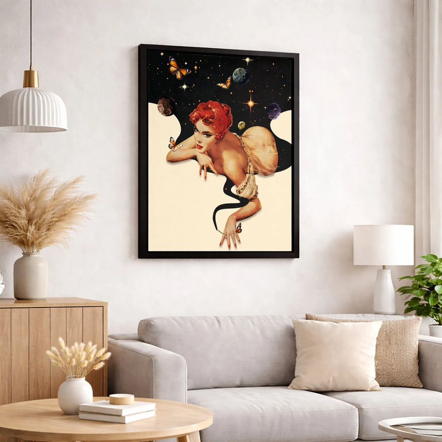 Vintage Pin Up Space Art Canvas | Surreal Retro Girl with Butterflies | Gallery-Wrapped Premium Wall Decor | Unique Gift for Her Bedroom Office