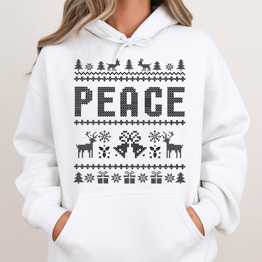 Peace Ugly Christmas Hoodie | Nordic Reindeer Holiday Graphic Print | Premium Cotton Blend | Funny Matching Gift for Couples & Family