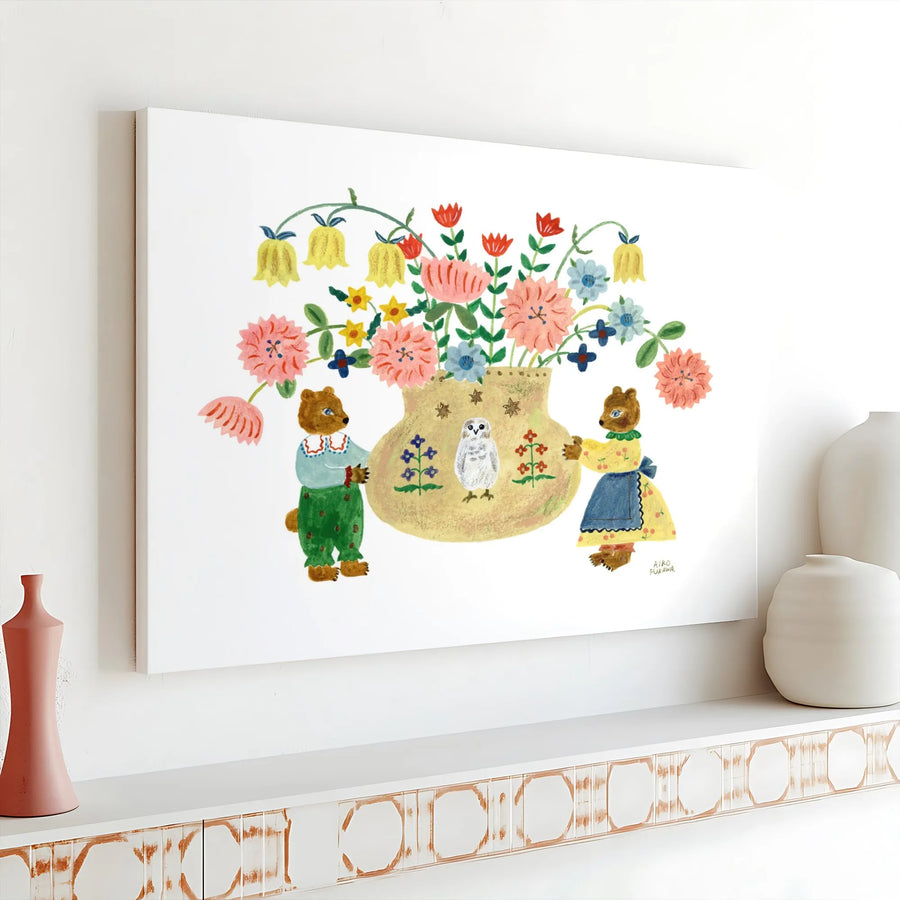 Whimsical Bear Canvas Wall Art | Folk Art Floral Illustration | Premium Fade-Resistant Print | Unique Nursery & Kids Room Decor Gift