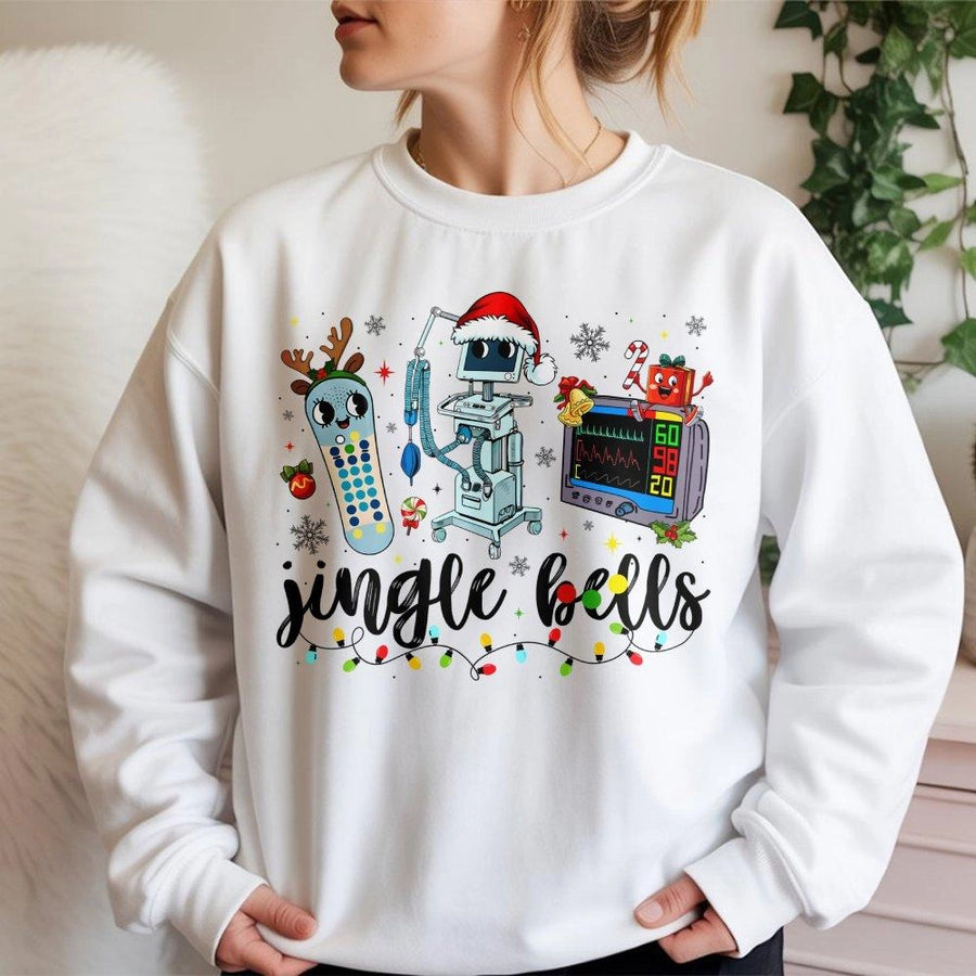 Christmas Nurse Sweatshirt | Jingle Bells Medical Equipment Graphic | Premium Cotton Blend Crewneck | Holiday Gift for Nurses & Nursing Students